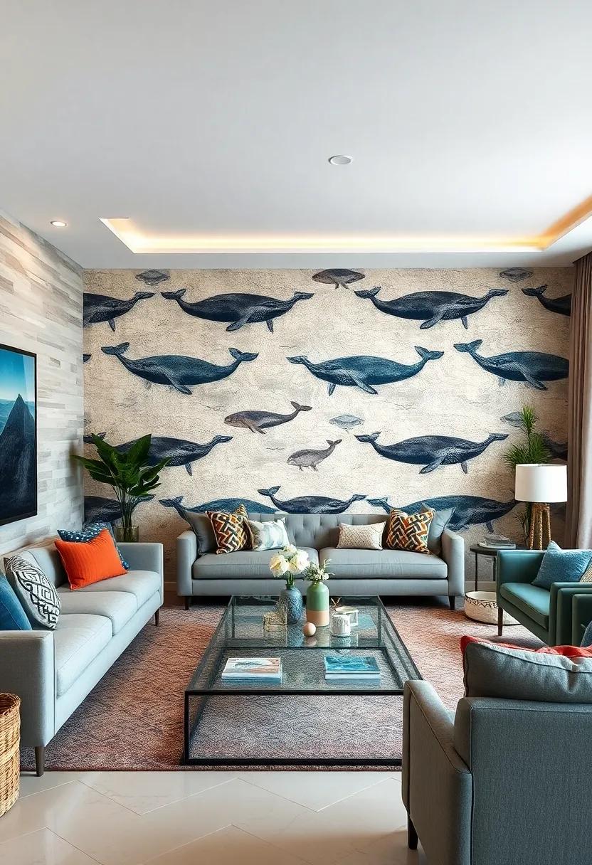 Sleek Whale Motifs: Create a serene coastal vibe with artistic whale motifs that combine oceanic charm with bold graphic design