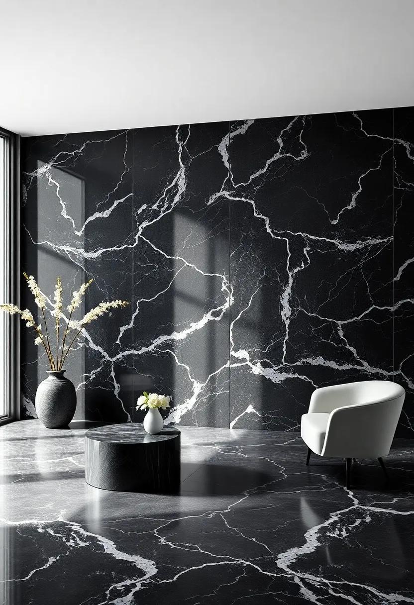 Black Marble Accent Wall: Make a bold ⁣statement in any room⁣ with‍ an accent wall that highlights the beauty of black marble