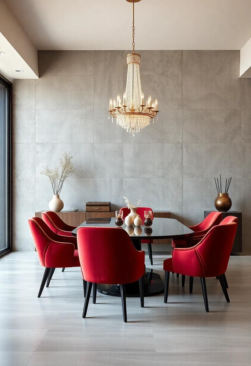 A sleek, modern⁣ dining room⁢ featuring ​a textured concrete wall that contrasts beautifully with rich velvet chairs and a shimmering chandelier