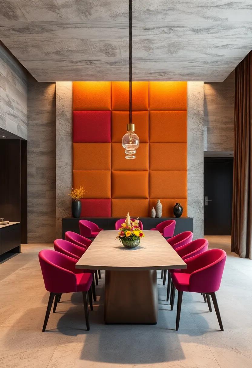 An innovative design showcasing fabric-covered wall panels in bold colors,offering both texture and acoustic comfort