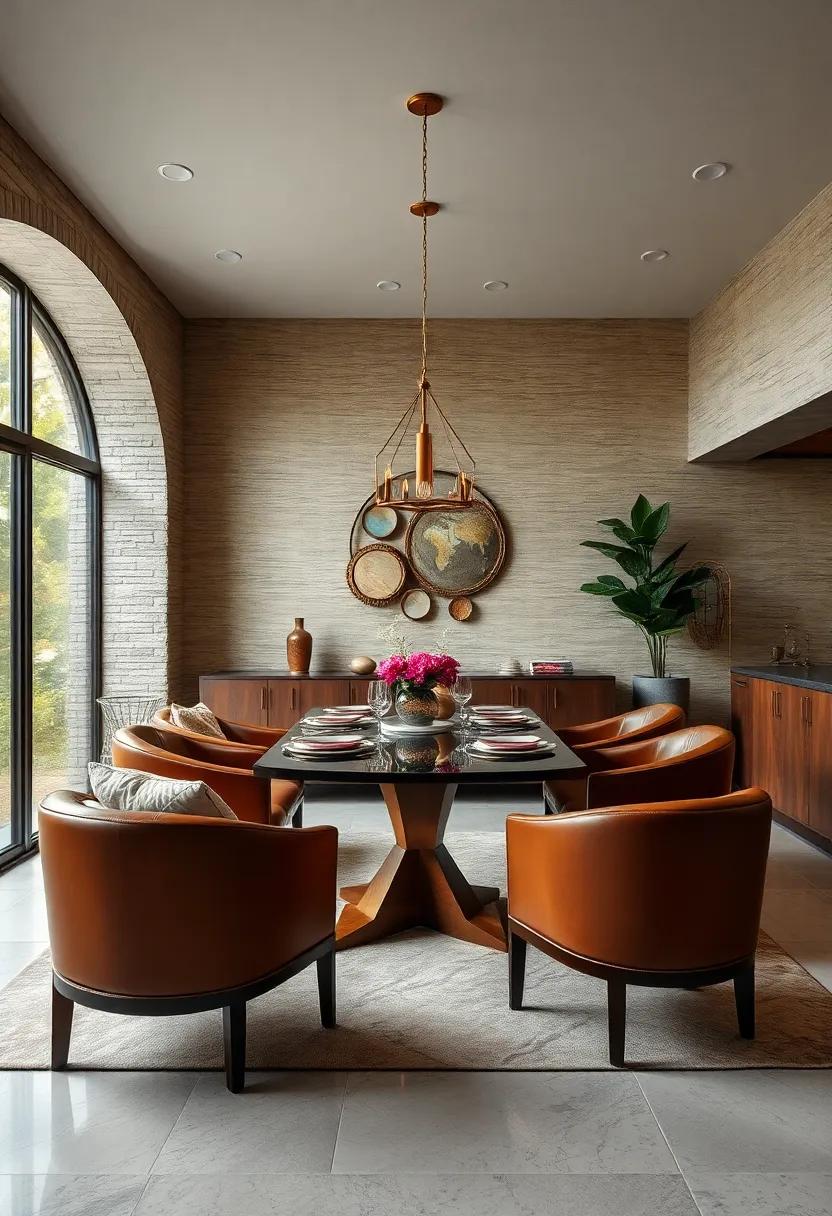 A nature-inspired dining room where textured grasscloth walls bring subtle organic⁢ charm alongside leather seating and brass fixtures