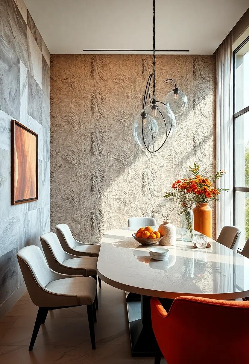 A glamorous dining area with mirrored textured wall panels that amplify natural light ⁢and create a dazzling reflective effect