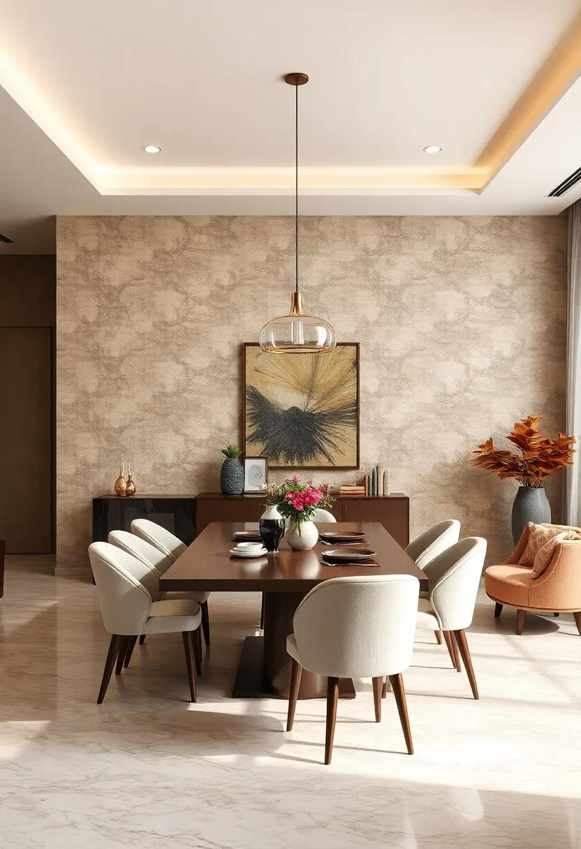 Luxe dining room ‌defined by a silk-textured⁢ wallpaper with tone-on-tone‍ patterns, creating understated glamour and tactile interest
