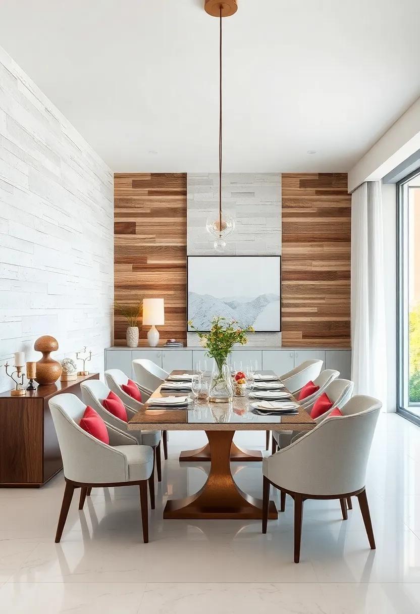 A minimalist dining area ‌enhanced by reclaimed wood panels on the walls, adding warmth and depth to the pristine white decor