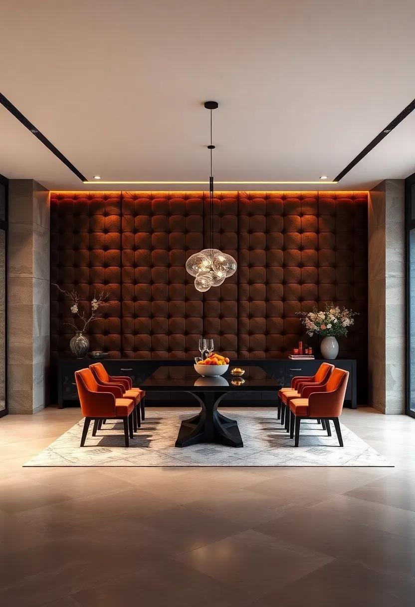 Dramatic dining ‍area framed by a velvet tufted‍ wall panel running⁤ floor to ceiling, creating a sense of⁢ opulence and intimacy