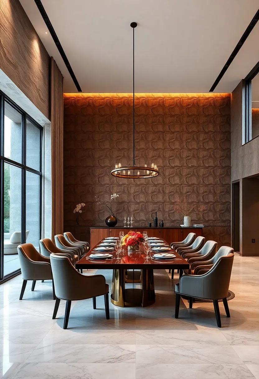 Grand dining hall adorned with embossed leather wall panels, infusing the space with richness and a tailored feel