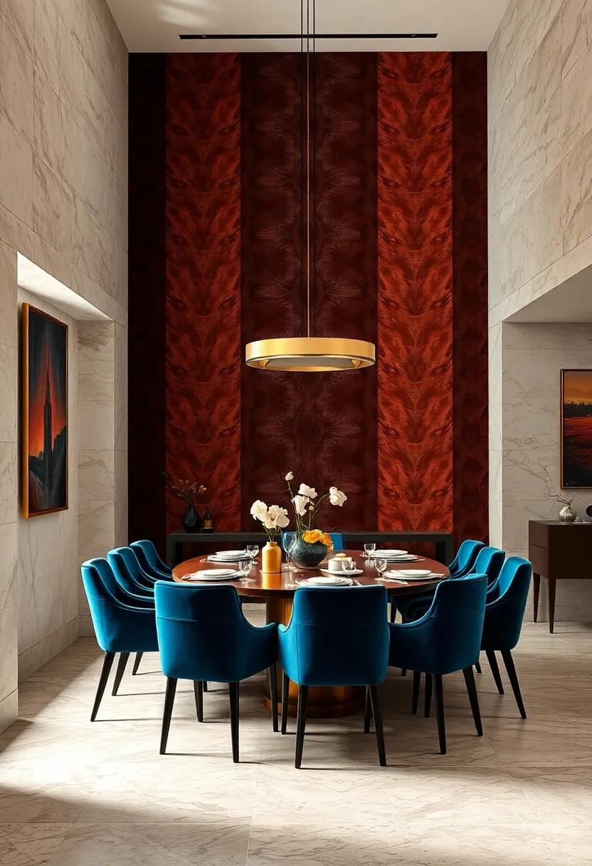 Art deco inspired dining room with rich velvet wall coverings featuring geometric patterns and gold accents for timeless sophistication