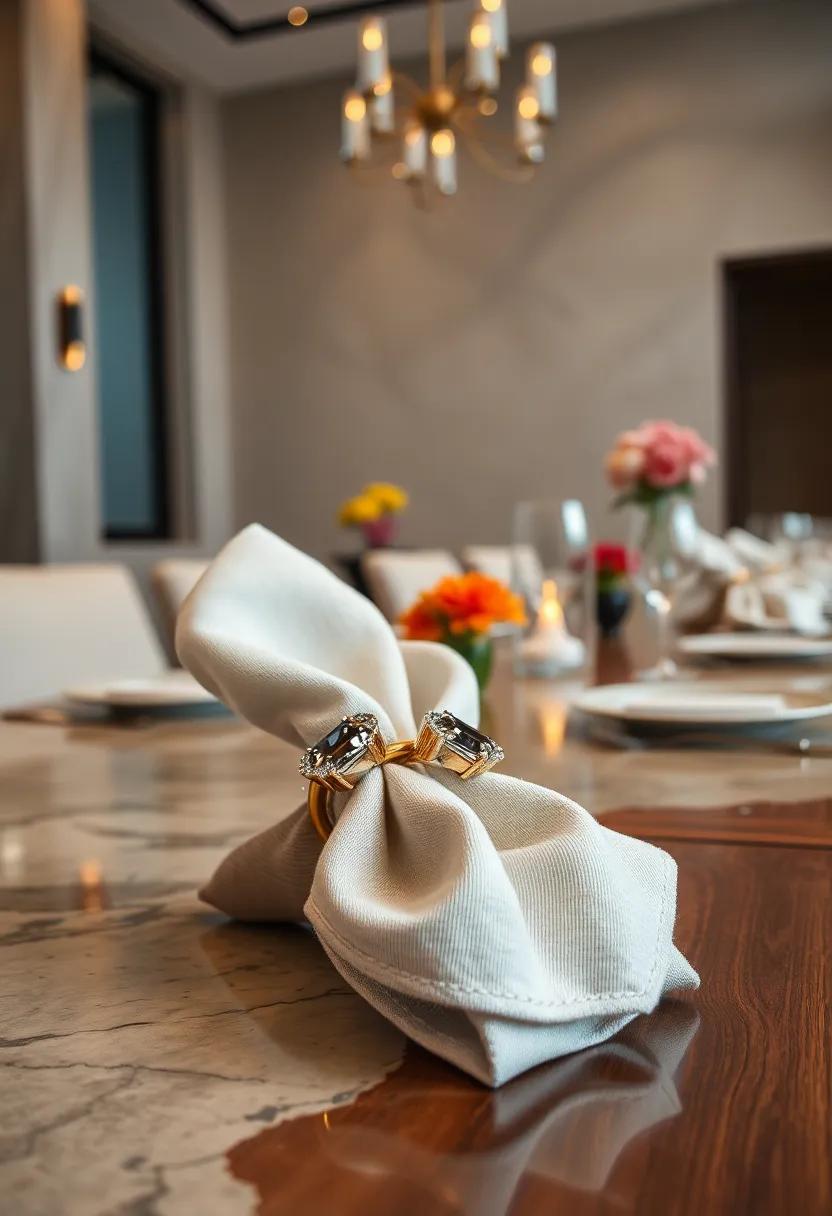 Artfully Folded Linen napkins Secured with Gemstone-Encrusted⁢ Rings⁢ Combining ⁢Style and⁢ Functionality