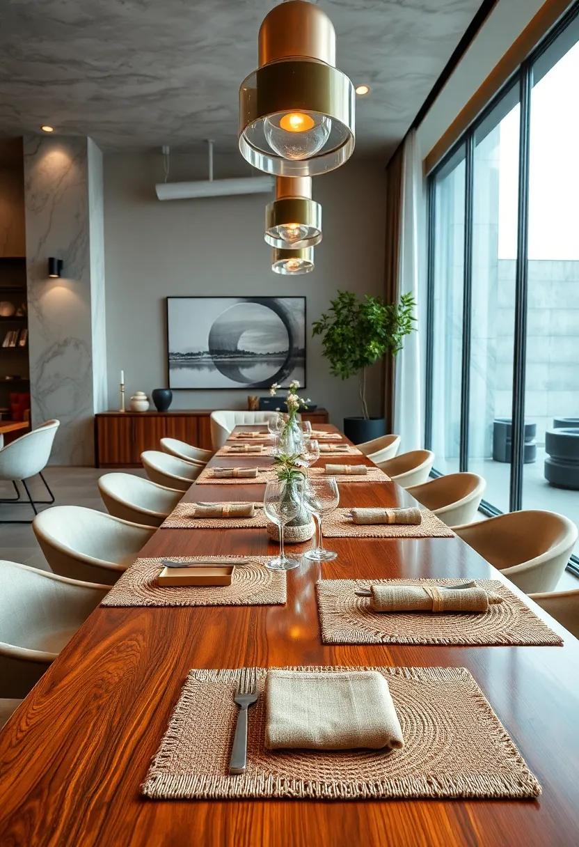 Gloss-Finished Wooden ‍tables ‌Enhanced with Handwoven Placemats‌ in Earthy Tones for Natural Luxury