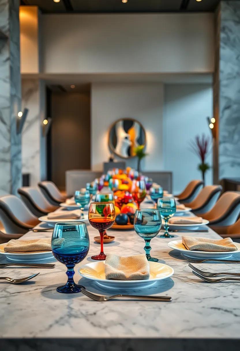 hand-Blown colored Glassware Enhancing Each Course with a ⁤pop of⁢ Unexpected‌ Elegance and style