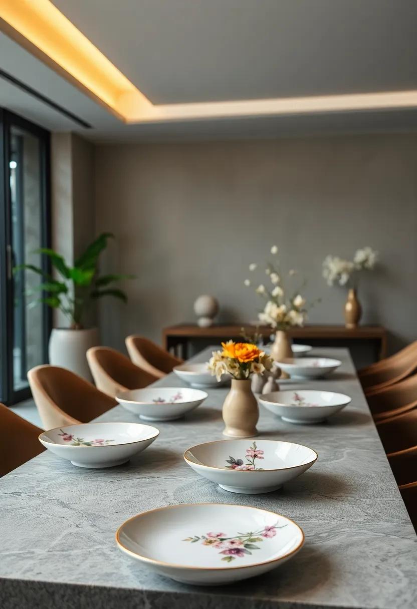 Handcrafted Porcelain‍ Plates featuring Delicate Floral Patterns Set Against Minimalist Table ‌Decor