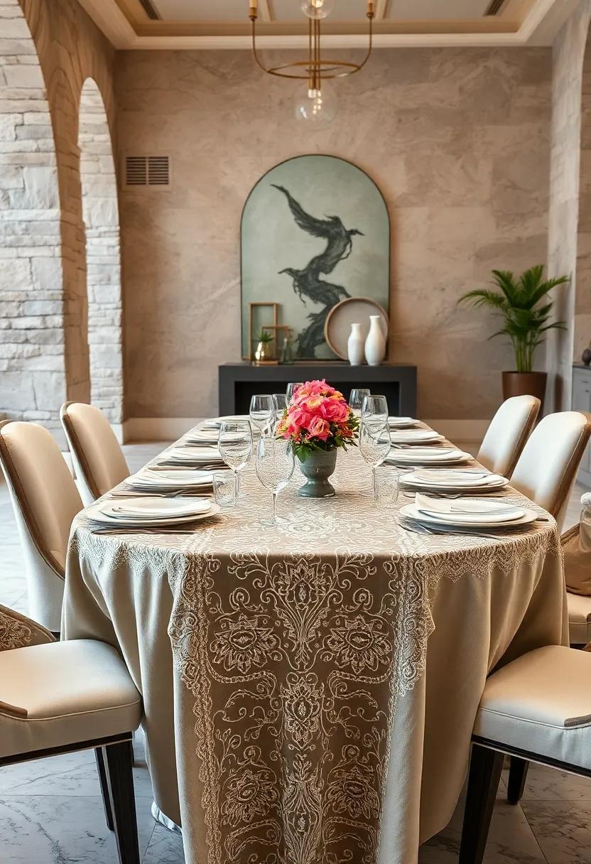 Intricate Lace Tablecloths⁢ Layered Over Velvet Runners in‍ Soft ​Neutral ⁤Tones ​for Elegant Visual‌ Texture