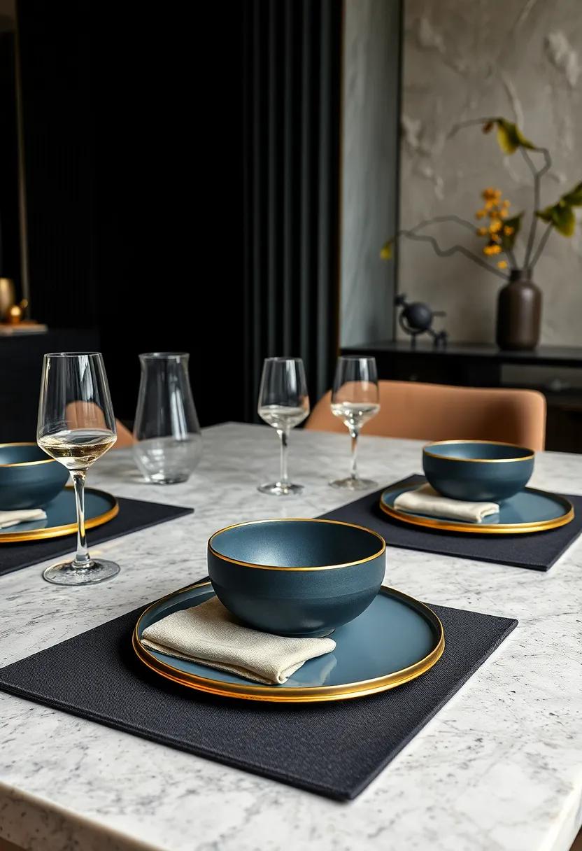 Minimalist Gold-Rimmed Dinnerware​ Contrasted Against dark Matte ‌Placemats for Contemporary‍ Sophistication