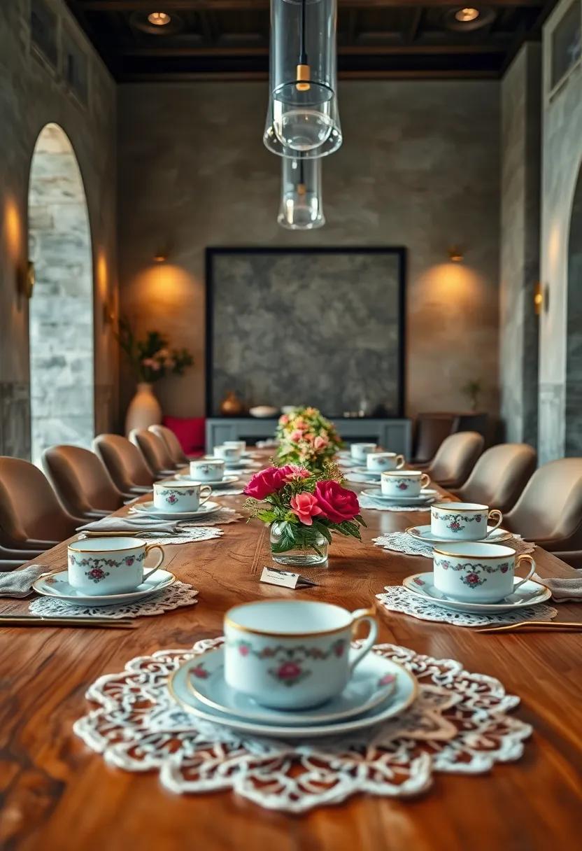 Porcelain Tea‌ Sets Arranged on Hand Embroidered Doilies Evoking a Sense of Vintage ‍Sophistication