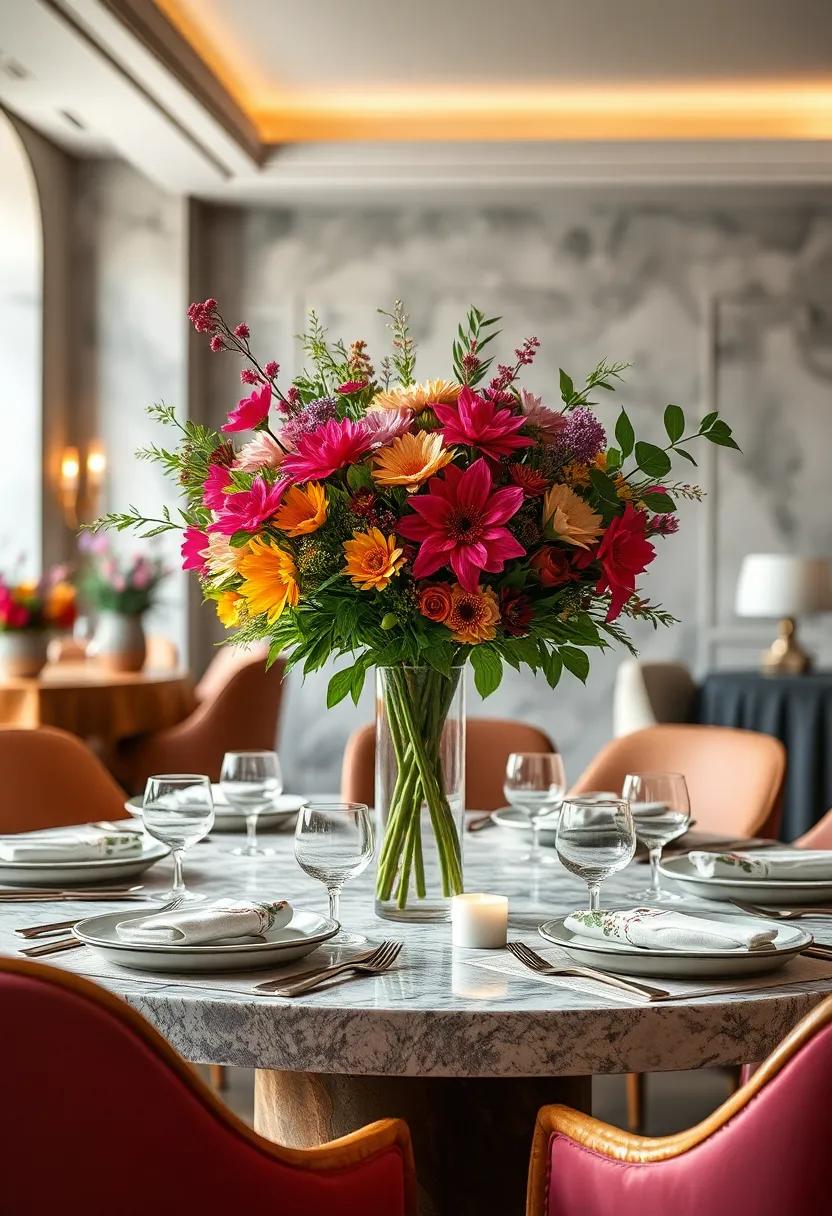 Seasonal Floral Centerpieces Bursting​ with Vibrant Blooms and Lush ​Greenery in Classic Tall Vases