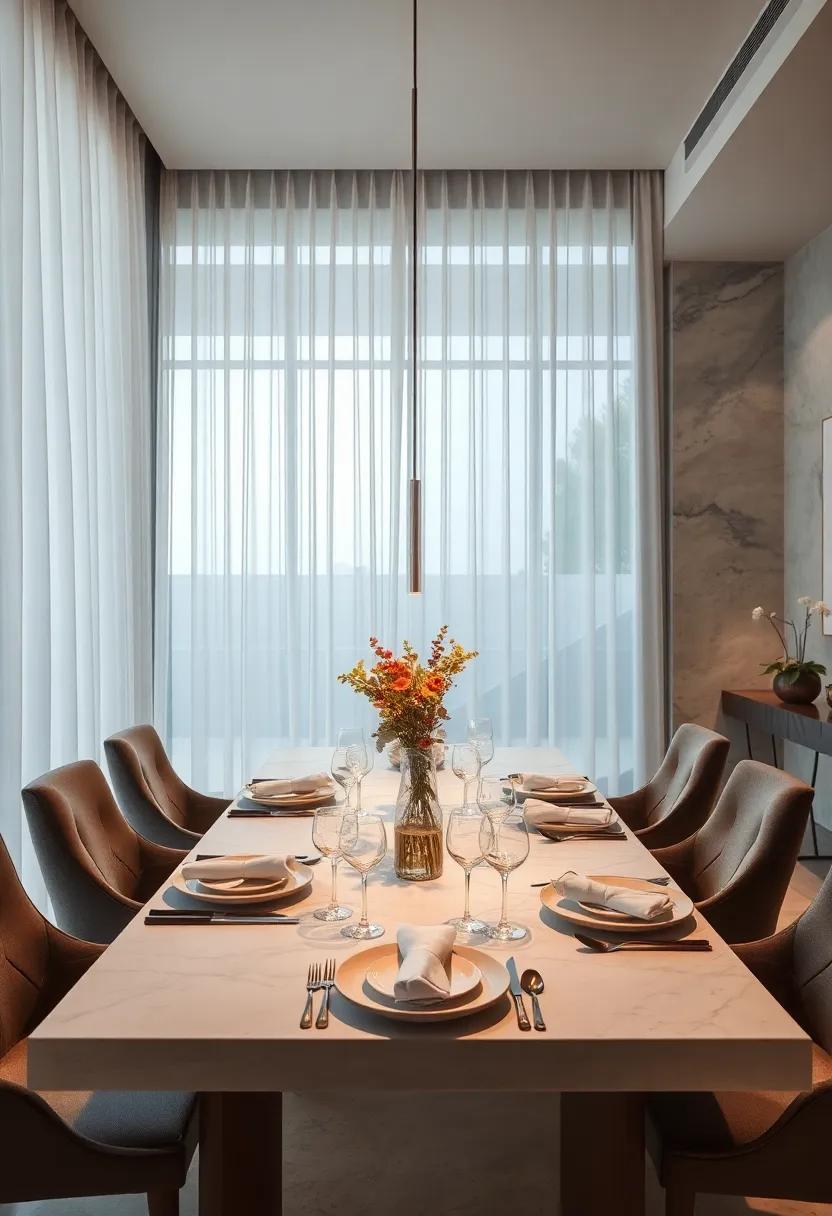 Sheer Organza Curtains Rolling Into the Dining ​Room, Infusing the Space With Lightness⁢ and Refinement
