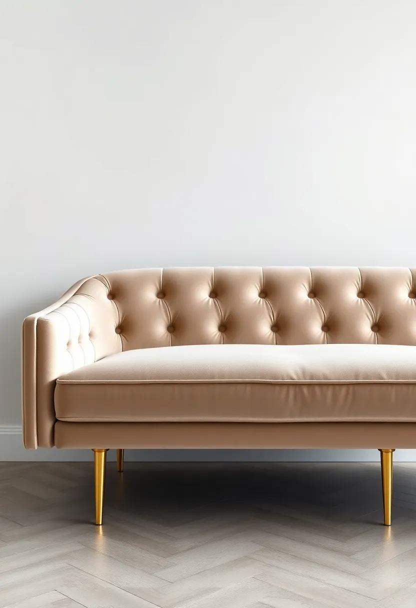 Luxurious⁣ Velvet Sofa ​with Gilded Legs: Elevate ⁢your living space ⁢with a ​plush ⁢velvet sofa supported by exquisitely crafted gold⁢ legs that exude elegance ⁤and comfort
