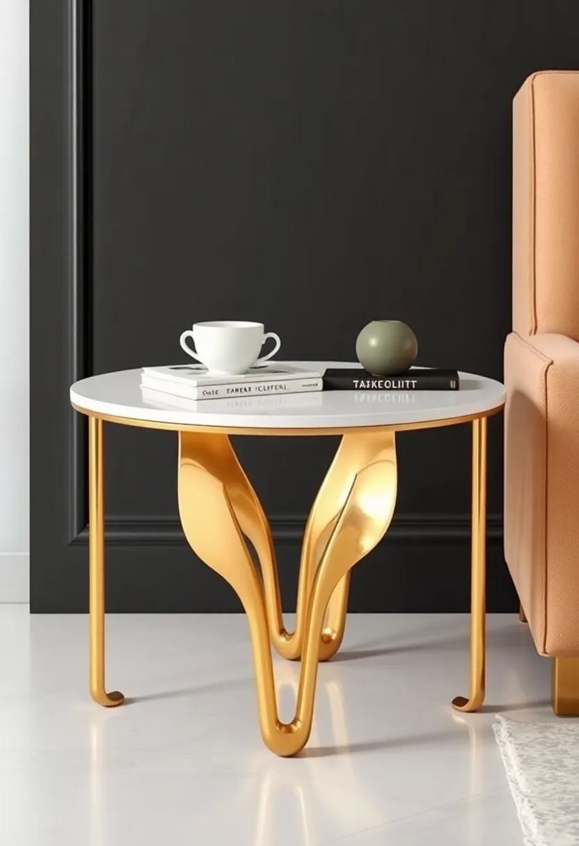 Statement Gold​ End Table: ⁣This⁣ unique ⁣end ​table boasts an artistic gold design, providing a⁢ stunning surface for your favorite reads or a cup‍ of⁢ coffee