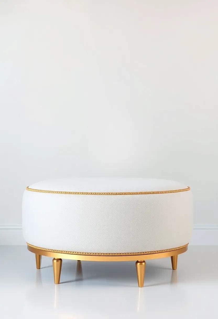 Lavish Ottoman: This upholstered ‍ottoman with ‌gold trim serves as both‍ a chic seating option and ⁤a ​sophisticated‍ accessory‍ for⁢ your lounge area