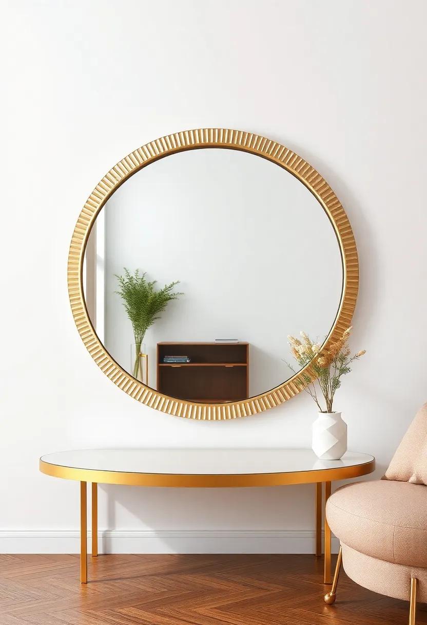 Round gold-framed Mirror: Reflect your style ⁣with a⁣ large round mirror that features a radiant gold frame, perfect ​for adding depth and​ light to ⁤any ⁢room