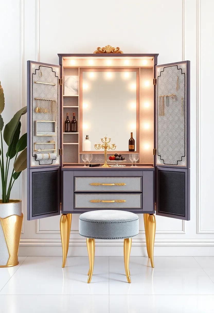 Glamorous Jewelry Armoire:⁣ Keep your⁢ treasures organized and⁣ on display ⁢in ‍a ⁣stunning jewelry armoire featuring elegant gold ‌accents