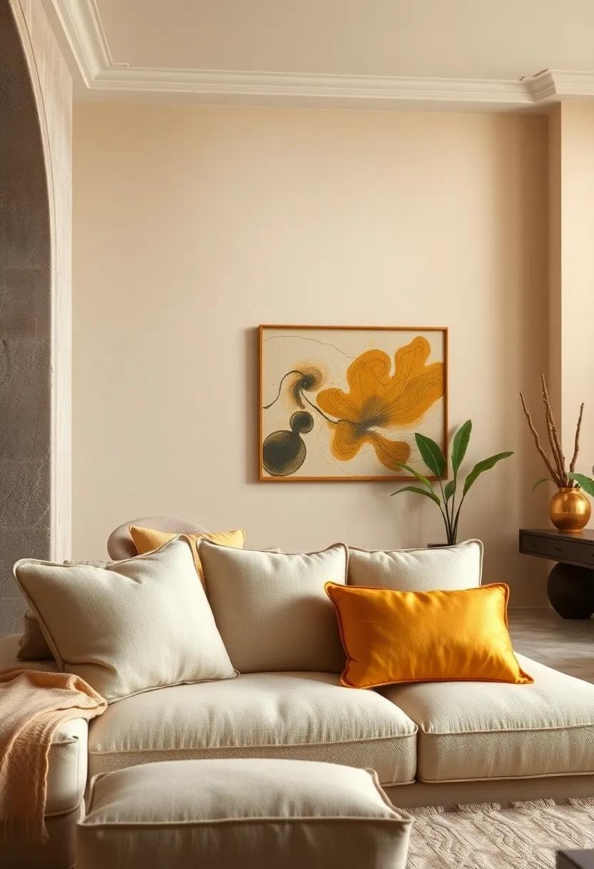 Cream Walls with ⁤Bold Gold Accent Pillows