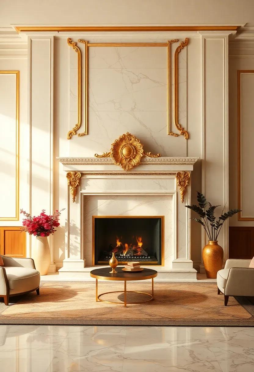 Cream Marble Fireplace ‍Surrounded by Gold Ornate Mantel