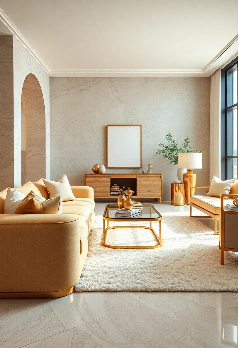 soft Cream ⁤Rugs Anchoring Gold-Toned Metallic Furniture