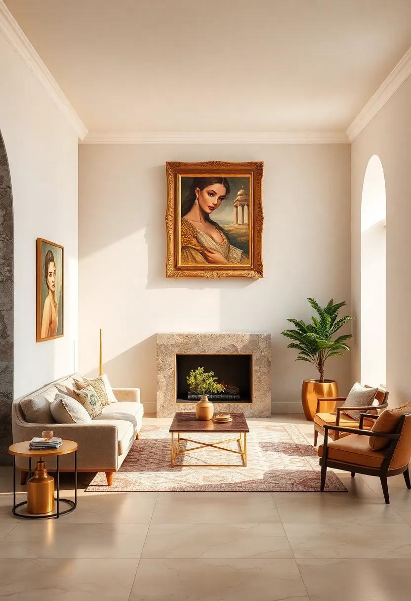 Cream ‌Painted Walls Highlighted ‌by ⁢gold-Framed ⁢artwork