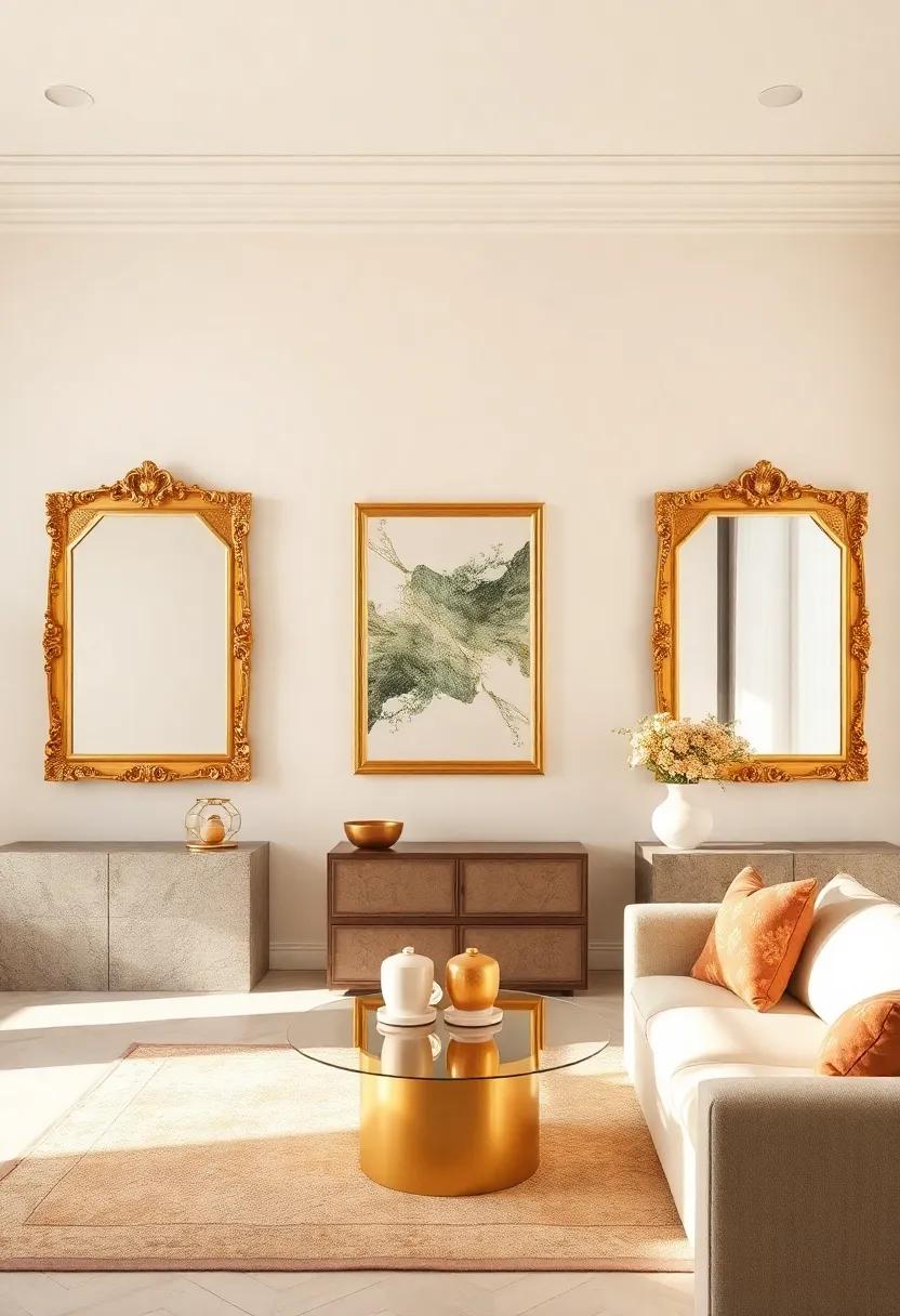 Gold Framed mirrors Set Against Cream walls for Depth ⁢and Light