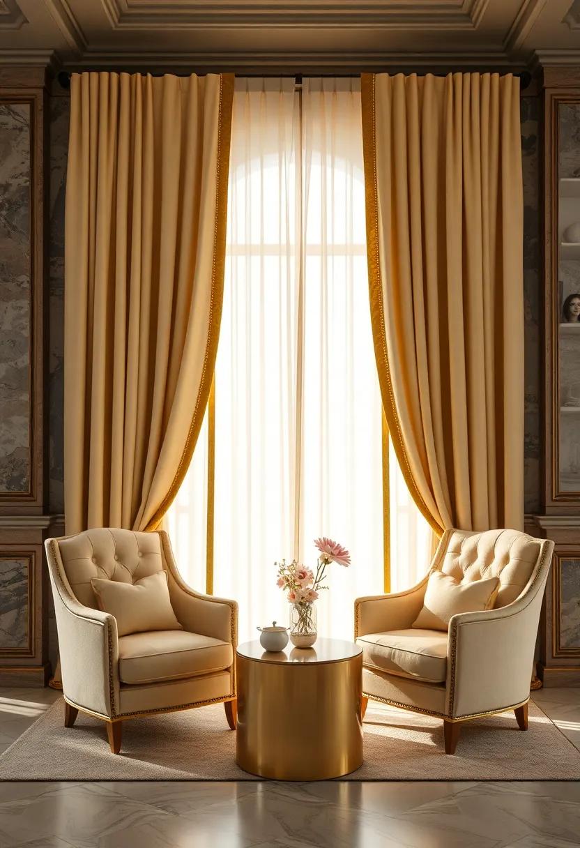Gold Trimmed Cream Curtains ⁣and Matching Upholstered ⁣Chairs