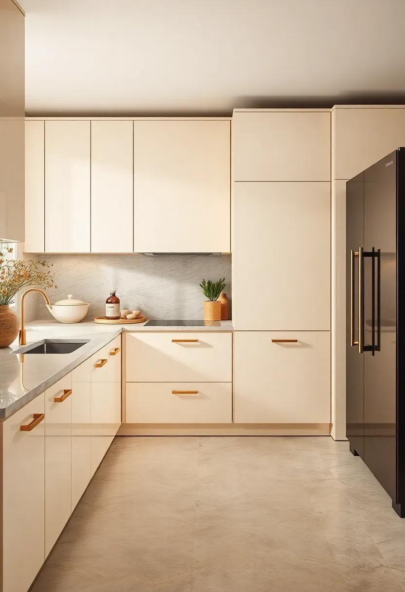 Glossy Cream Cabinets Enhanced with Gold Hardware