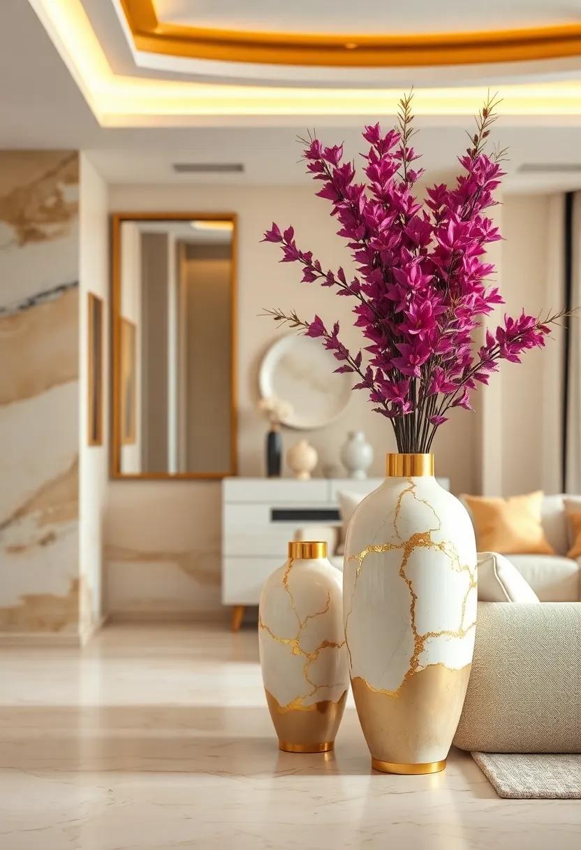 Cream Ceramic Vases with Delicate Gold Detailing