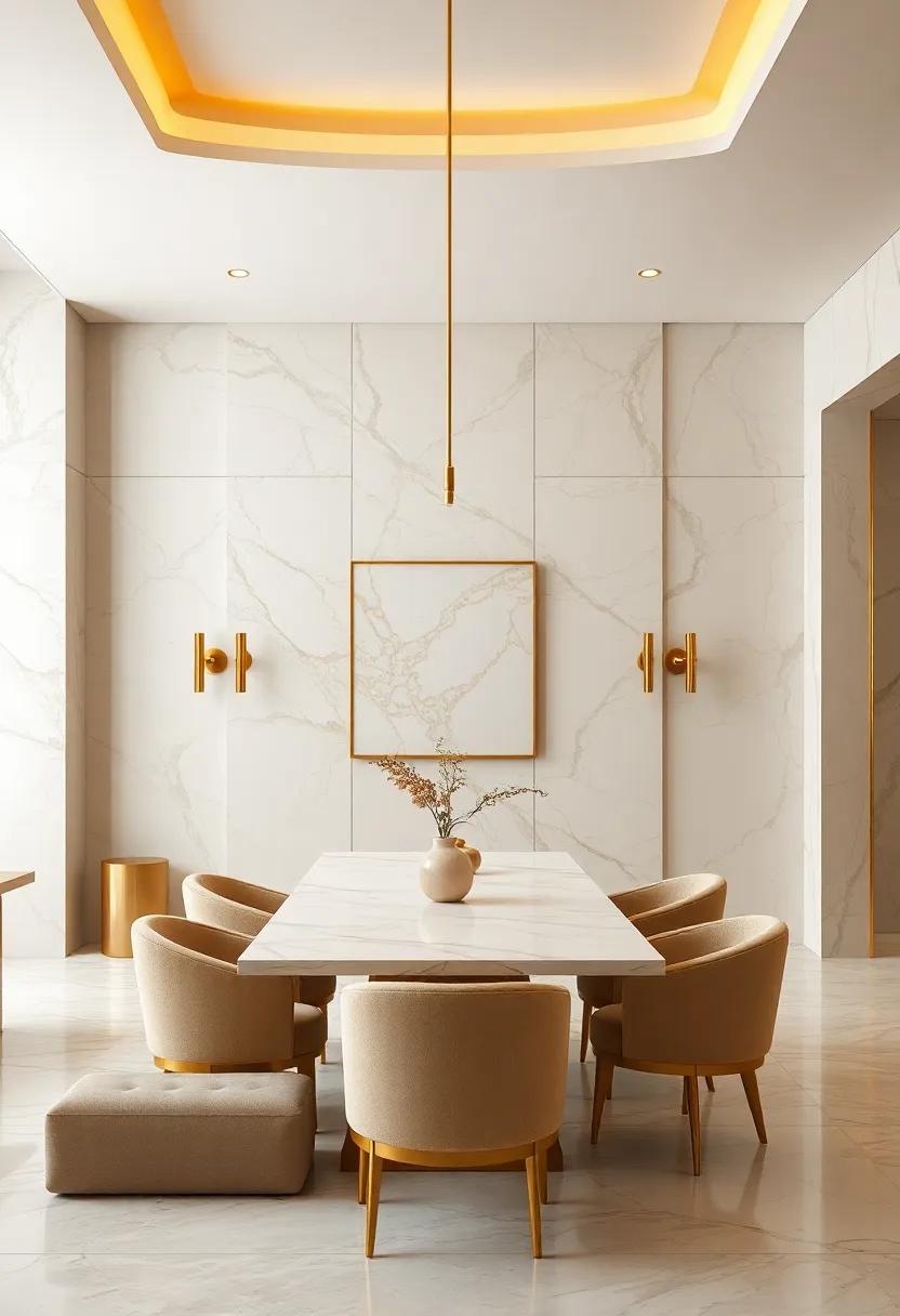 Creamy Marble Walls Paired with Gleaming Gold Fixtures