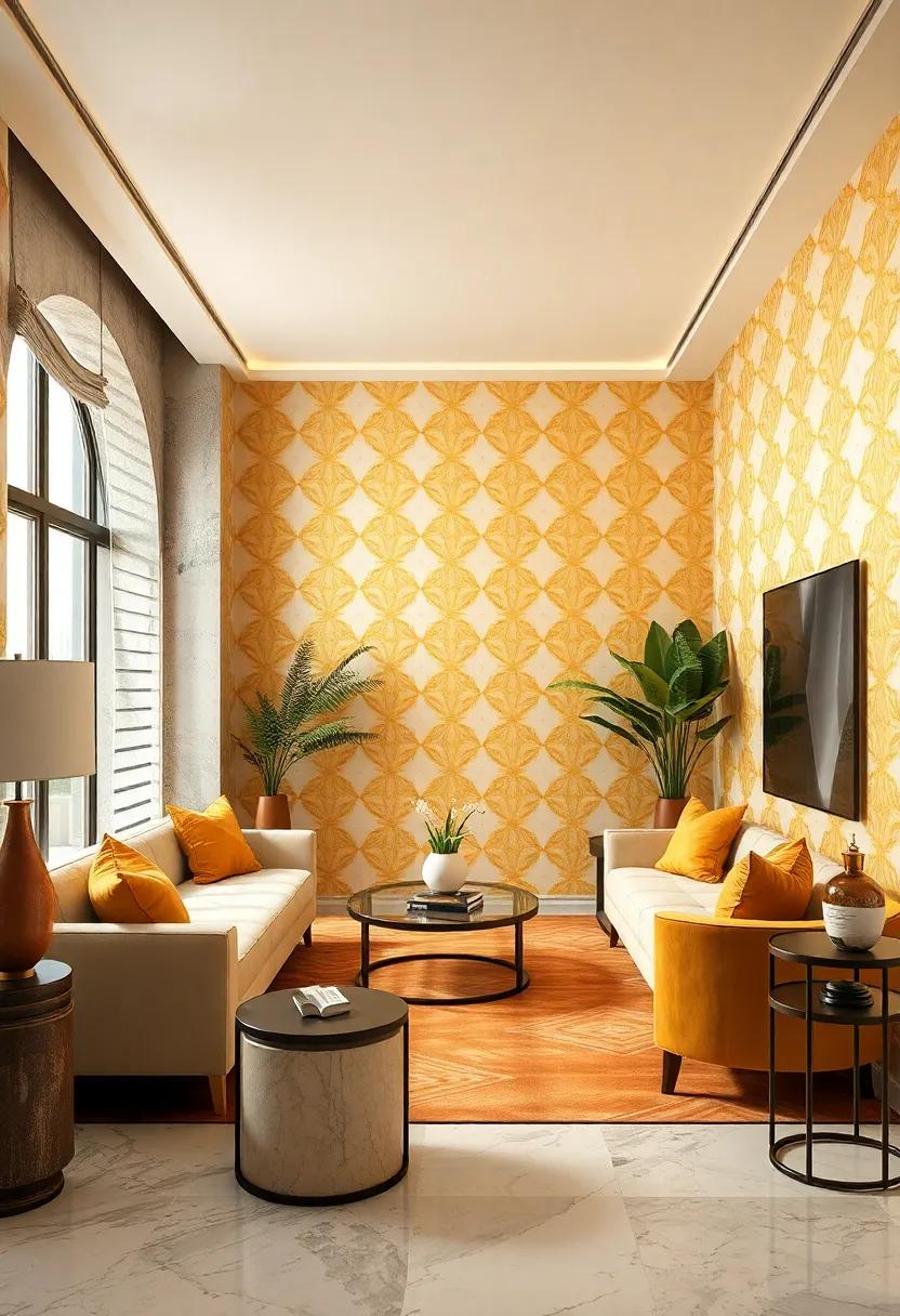 gold Geometric Patterns⁤ on Cream Silk Wallpaper