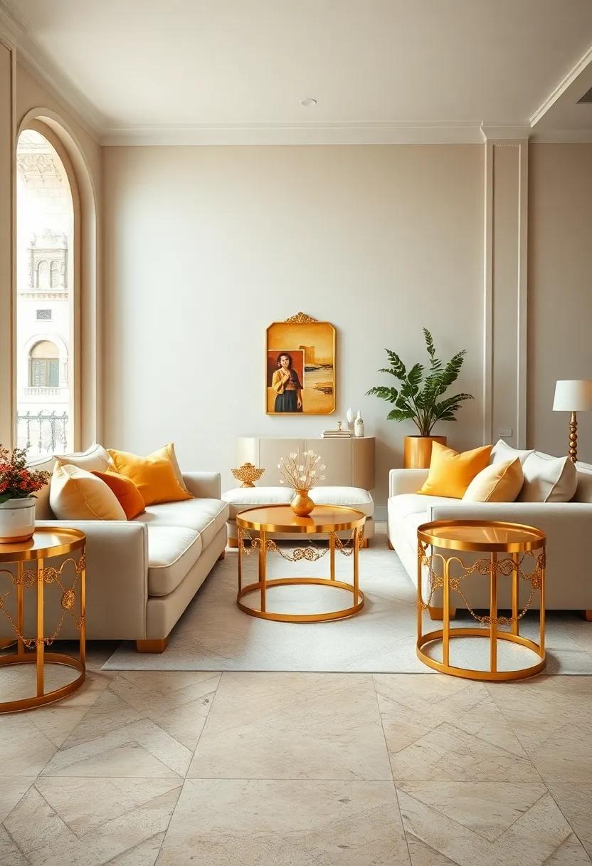 Plush Cream⁢ Sofas Paired with Gold Embellished⁤ Side Tables