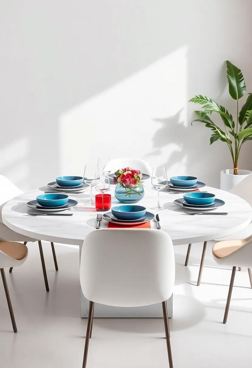 Bold Color‌ Dashes: ​Accent a light marble table with bold colored dinnerware or table linens to inject personality ⁤into your dining⁢ setup