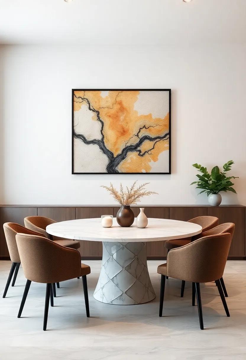 Contemporary Art: Showcase ⁣a stunning piece of artwork above your marble​ dining ‌table ‌to add a cultural touch that sparks​ conversations