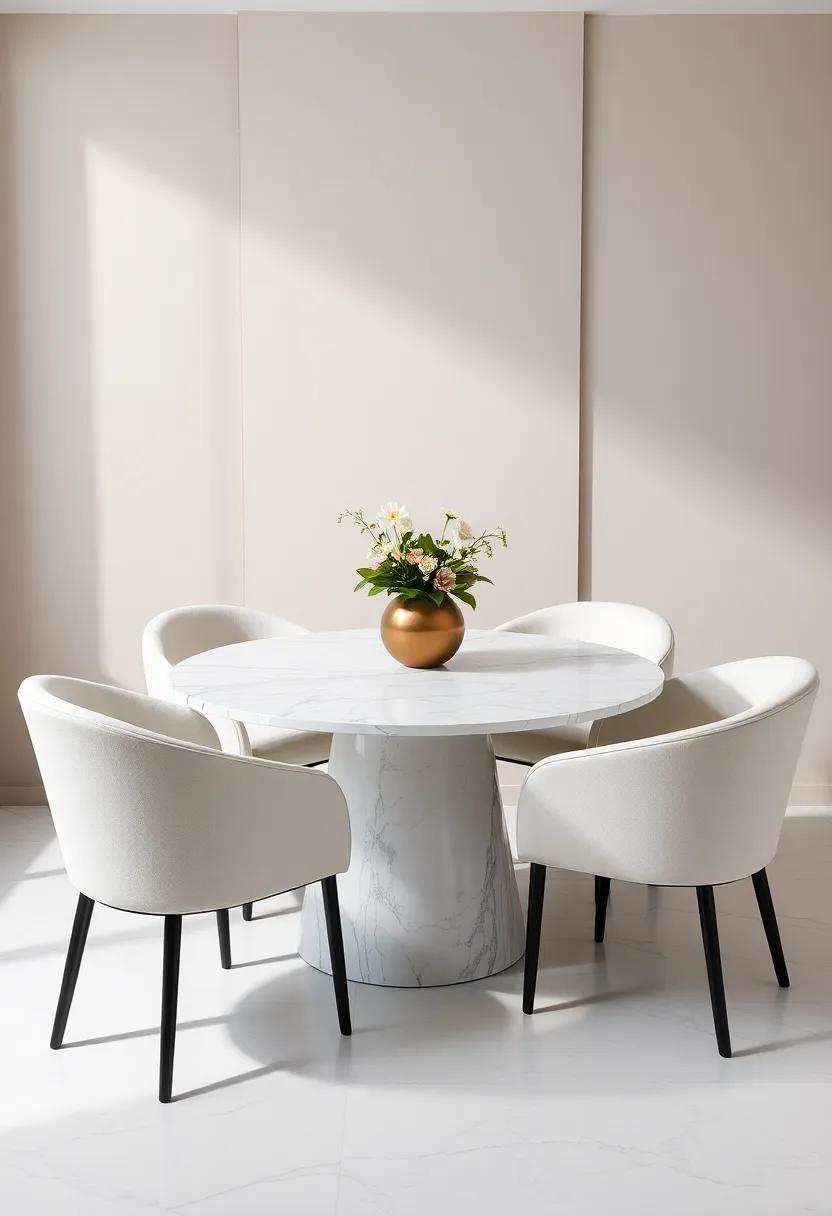 Embrace Elegance: ‌A⁢ round marble dining ‌table ‌with delicate veining pairs ​beautifully with soft,‍ upholstered chairs ‌for a ‍refined yet ‌inviting⁣ atmosphere