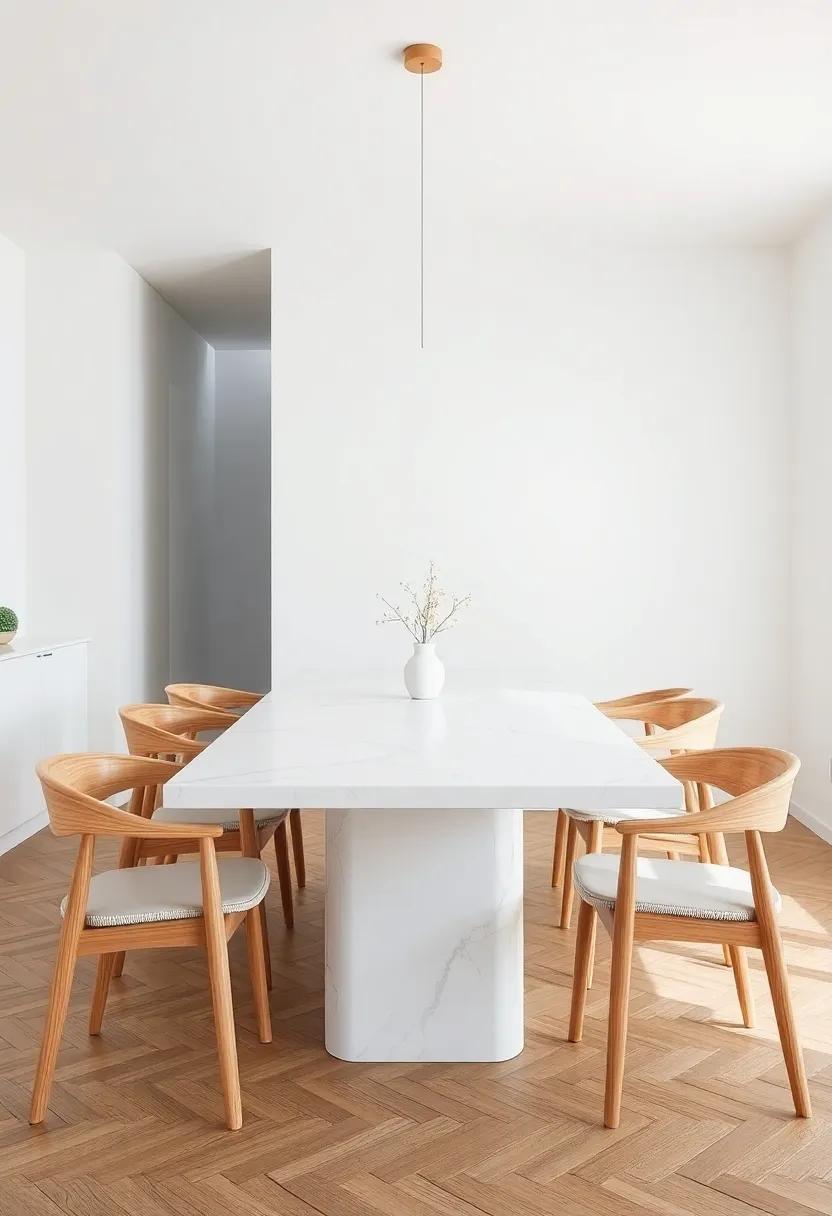 Scandinavian ⁤Simplicity: A ‍minimalist white marble table with natural wood chairs embodies‌ the essence of⁣ Scandinavian design,​ promoting simplicity‍ and light