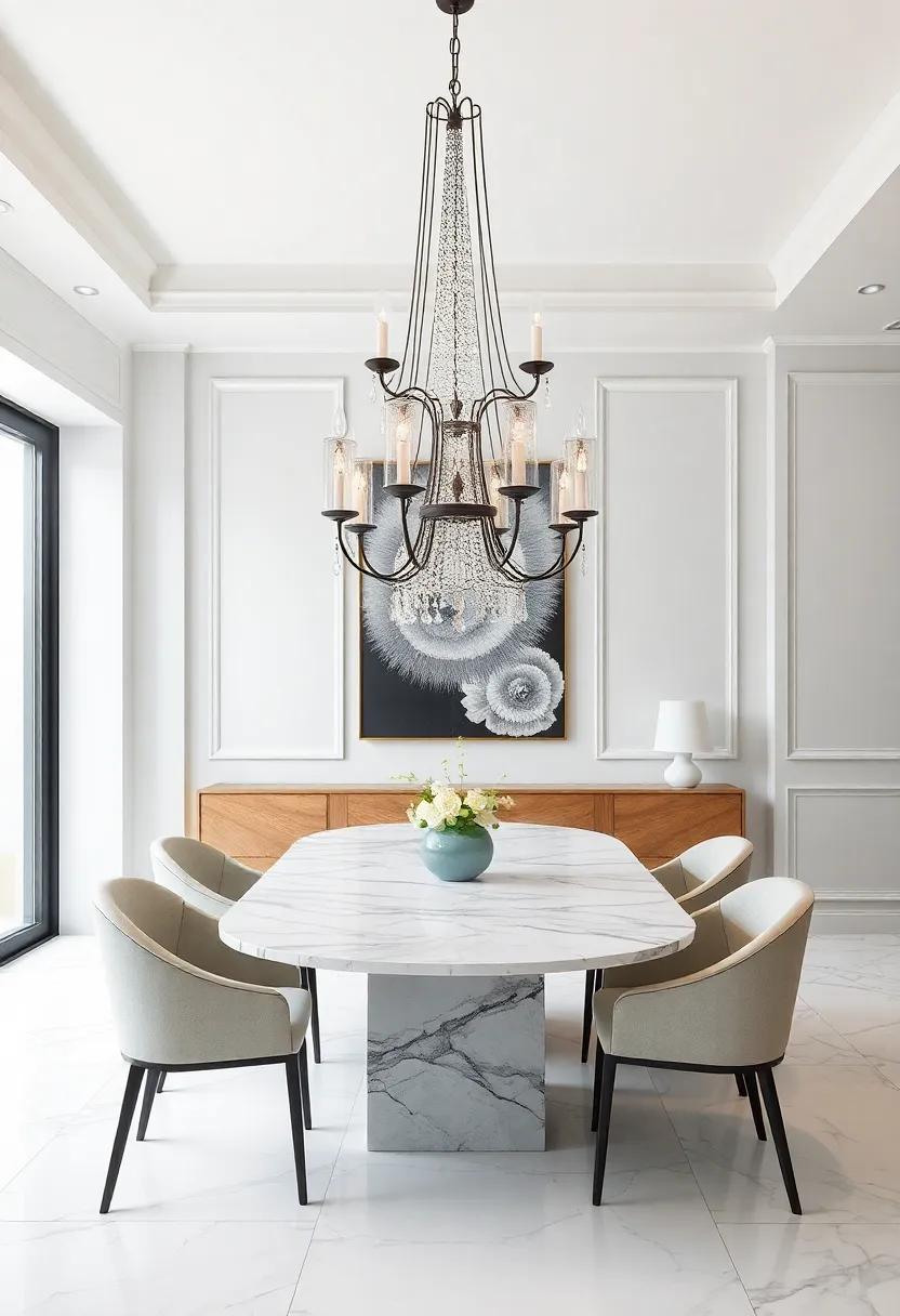 Statement lighting: Hang a dramatic chandelier⁣ above a marble table‌ to draw ⁣the ⁢eye⁤ upward ​and‌ add‌ an element ‌of sophistication to your dining area