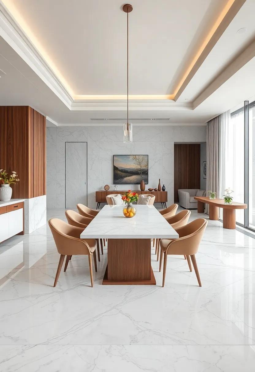 White ‌Marble Combined with Dark wood ​Inlays for Textural‌ Contrast