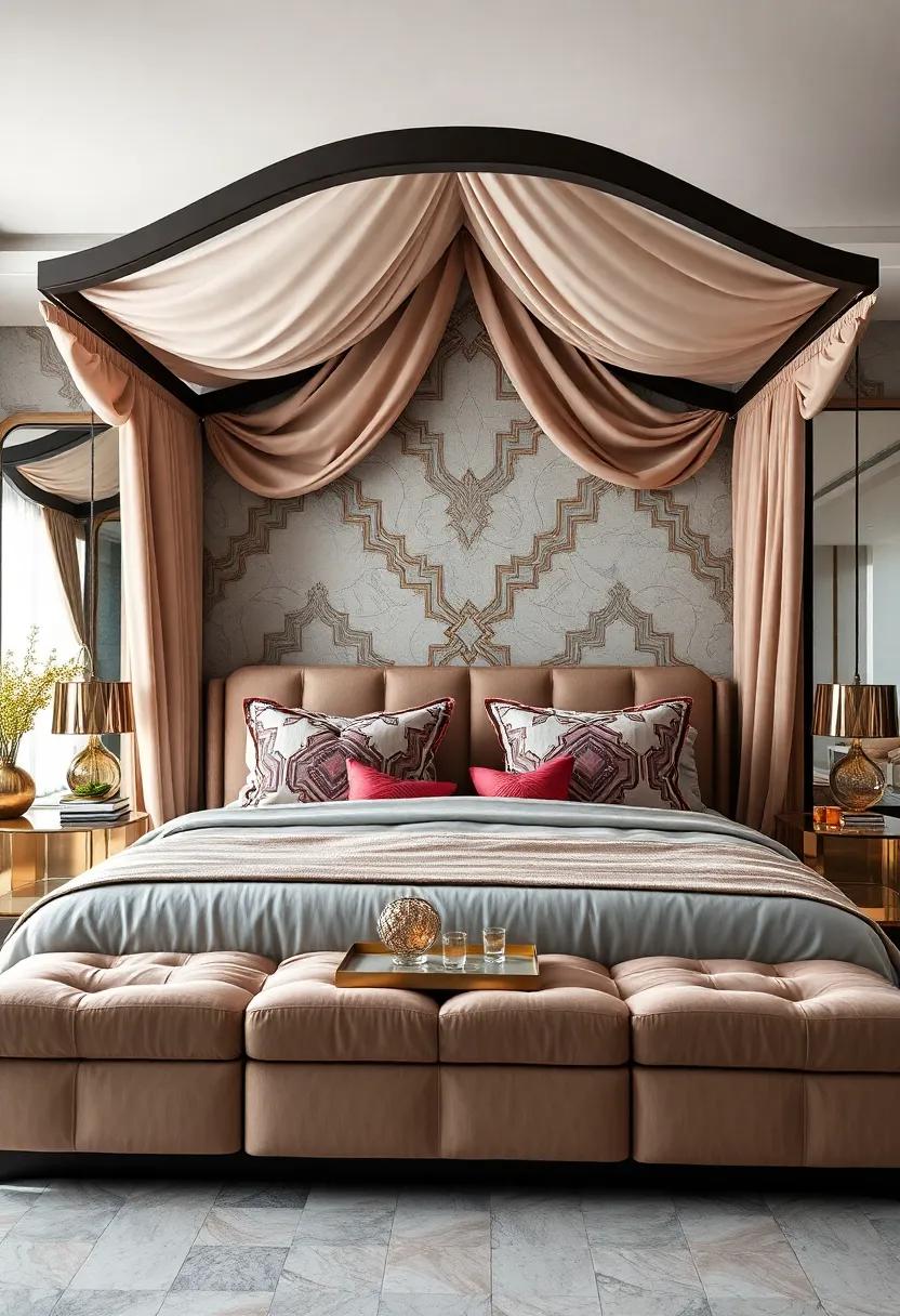 Art Deco Inspired Canopy Bed Featuring ‍Geometric Patterns, Velvet Bedding, And Reflective Metallic Surfaces