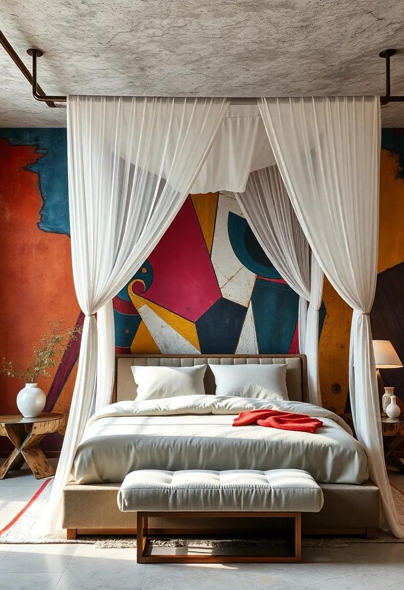Canopy Bed With Layered Transparent Fabrics​ Set Against A ⁤Backdrop Of Bold Multicolored Wall ​Murals And Sculptures