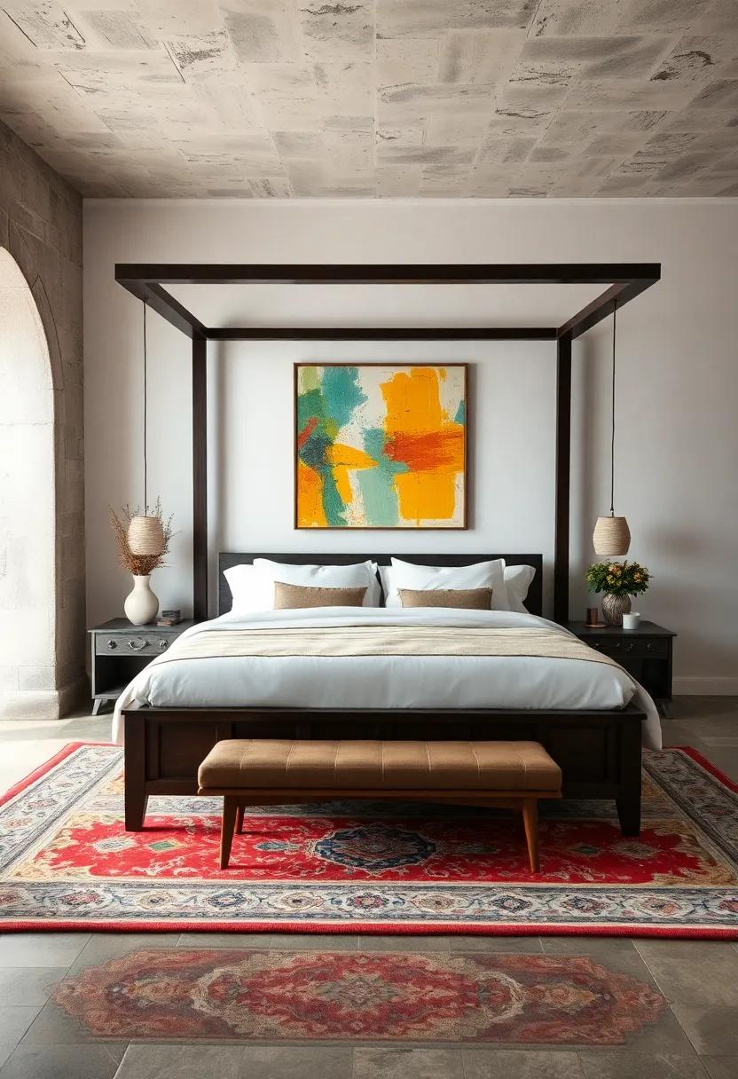 Dramatic ⁣Dark⁤ Wood​ Canopy ⁤Bed Surrounded​ By Vibrant Abstract art And Patterned Persian rugs