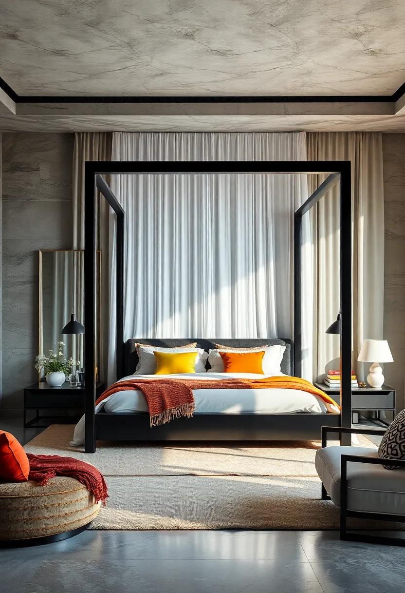 Dramatic‌ Floor Length Curtains Draping Over ⁢A ​Black ‍Lacquer Canopy Bed With Contrasting Bright Pillows And ⁤Throws