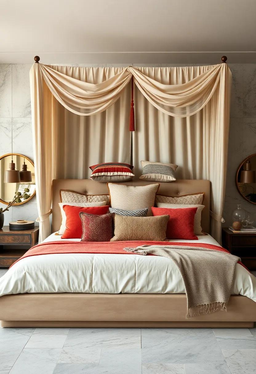 Eclectic Mix Of Textured Pillows And⁢ Throws Piling ‍High⁢ On A Massive Canopy​ Bed ​With Decorative ⁢Tassels