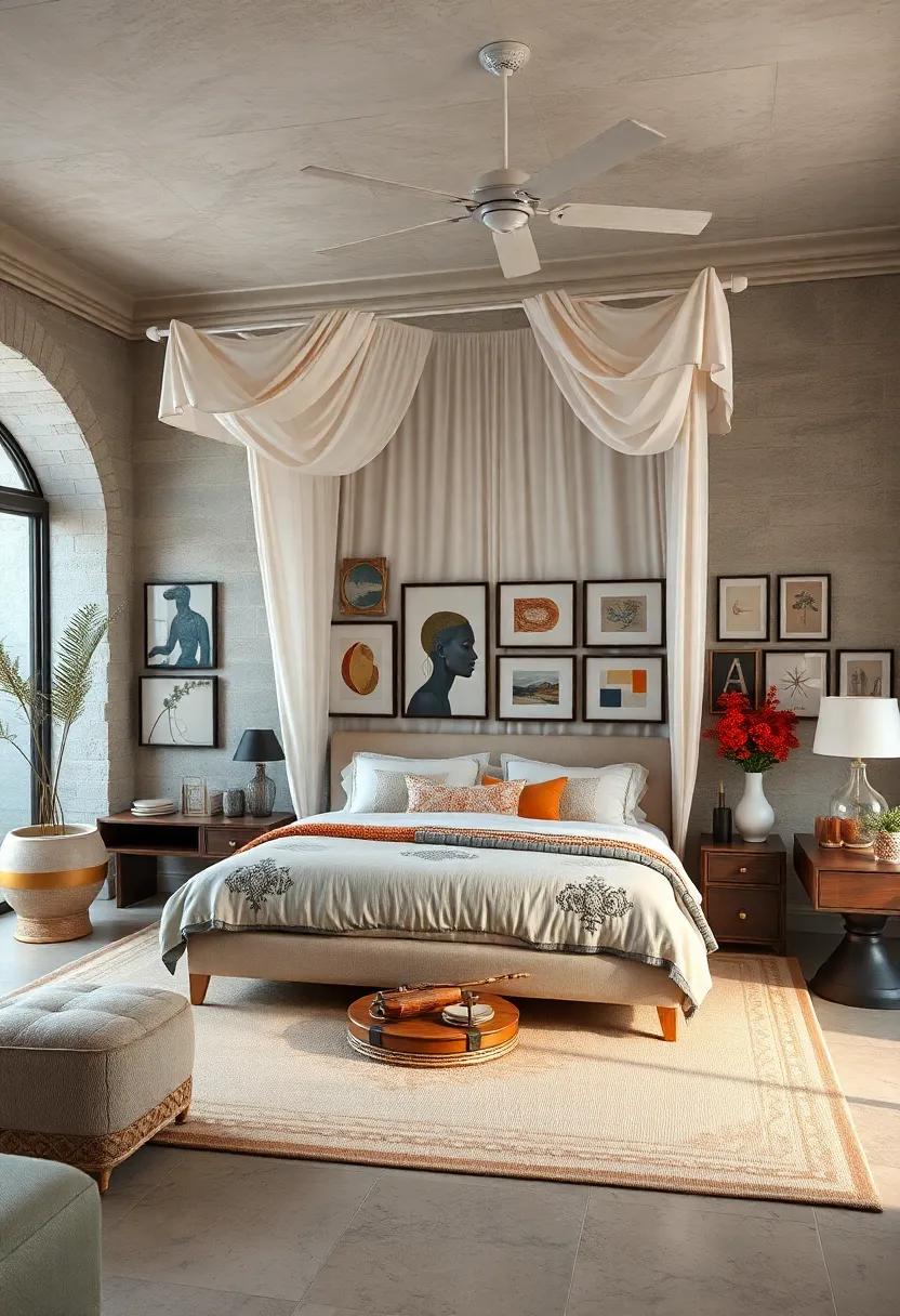 Exquisite Canopy Bed⁤ Dressed In ⁣Embroidered Linens ⁢Paired With​ A Gallery Wall ​Display Of‌ Eclectic⁣ Art Pieces