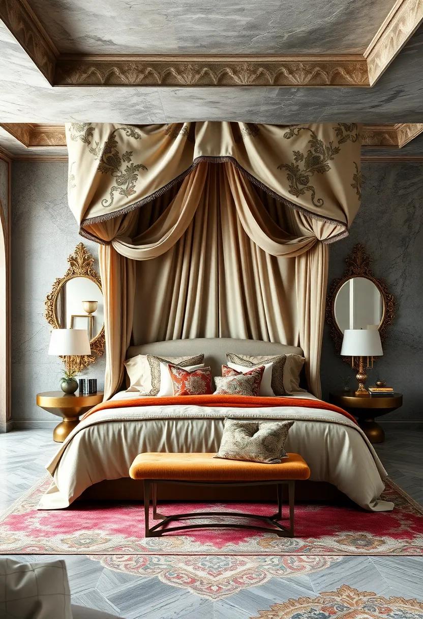 A⁢ Lavish Canopy Bed ⁣Draped In embroidered Fabrics Set Within A Room of Layered Patterns And ⁣Gilded⁤ Mirrors