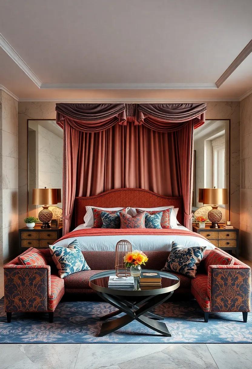 Layered patterns And Bold Prints ‌Creating ⁣A‍ Dynamic‌ Space Around A Classic Canopy Bed ⁢With⁢ Plush Seating Spaces